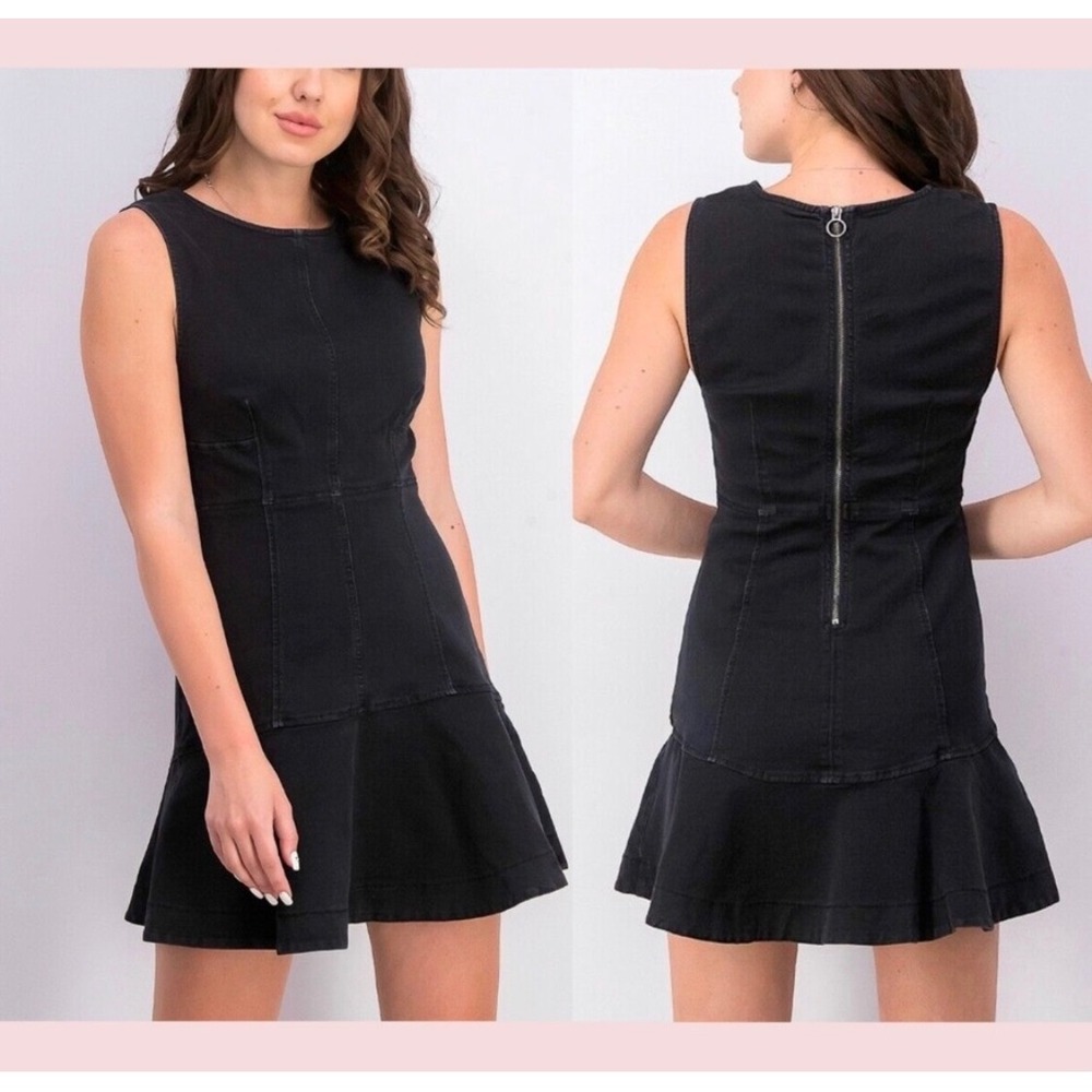 Free People Alex‎ Flare Denim Mini Dress Womens 6 Washed Black Grunge Ruffle New